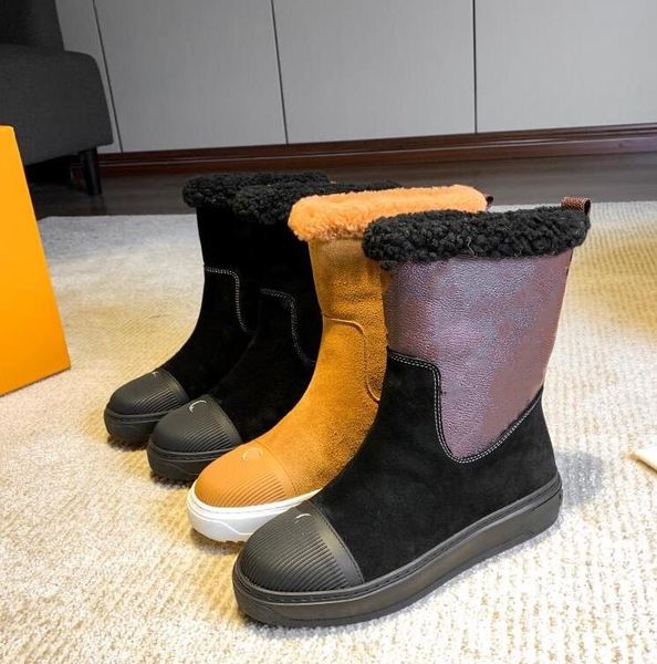 designer flat short boots women genuine cowhide leather winter warm platform martin letter lamb wool outdoor windproof boot est, Black